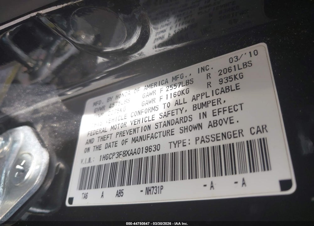 2010 HONDA ACCORD 3.5 EX-L VIN: 1HGCP3F8XAA019630