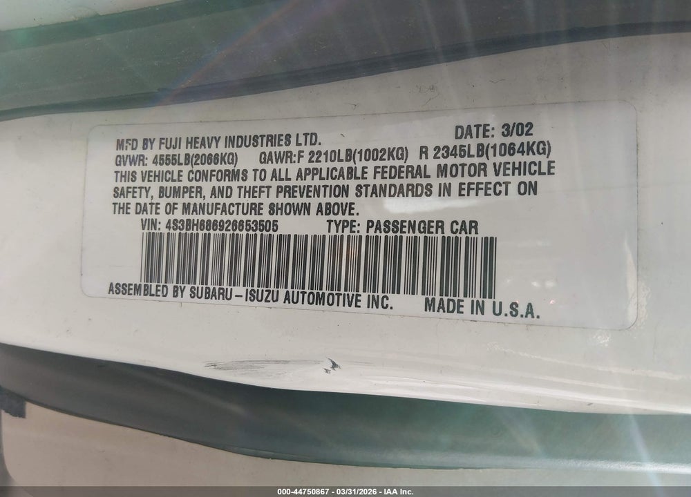 2002 SUBARU OUTBACK LIMITED VIN: 4S3BH686926653505