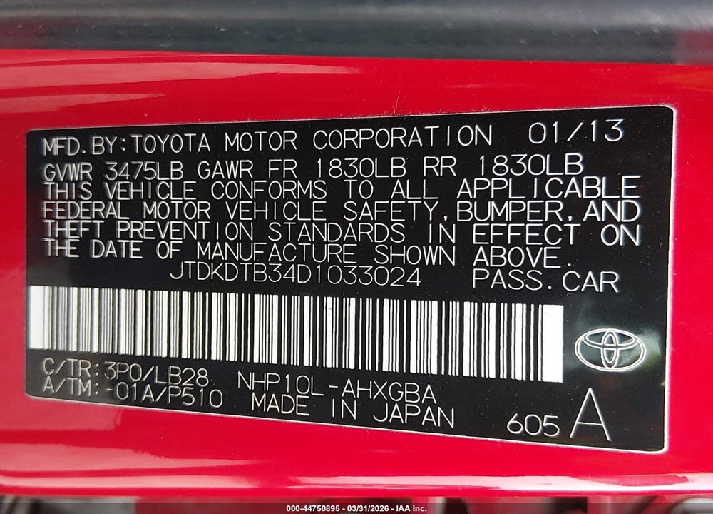 2013 TOYOTA PRIUS C FOUR VIN: JTDKDTB34D1033024