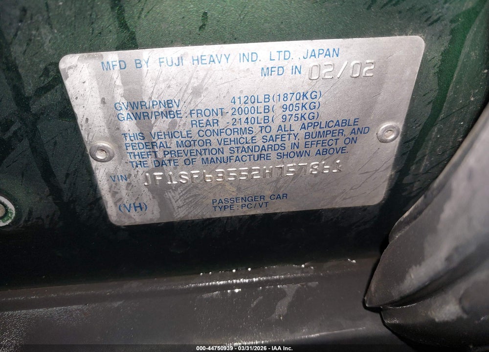 2002 SUBARU FORESTER L VIN: JF1SF63552H757861