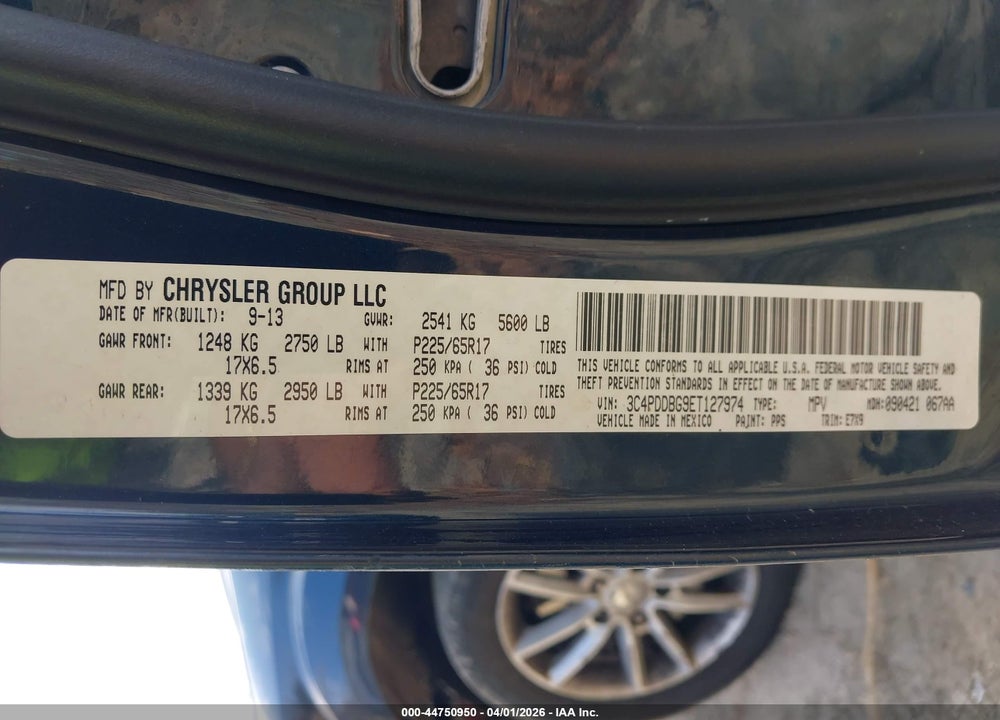 2014 DODGE JOURNEY SXT VIN: 3C4PDDBG9ET127974