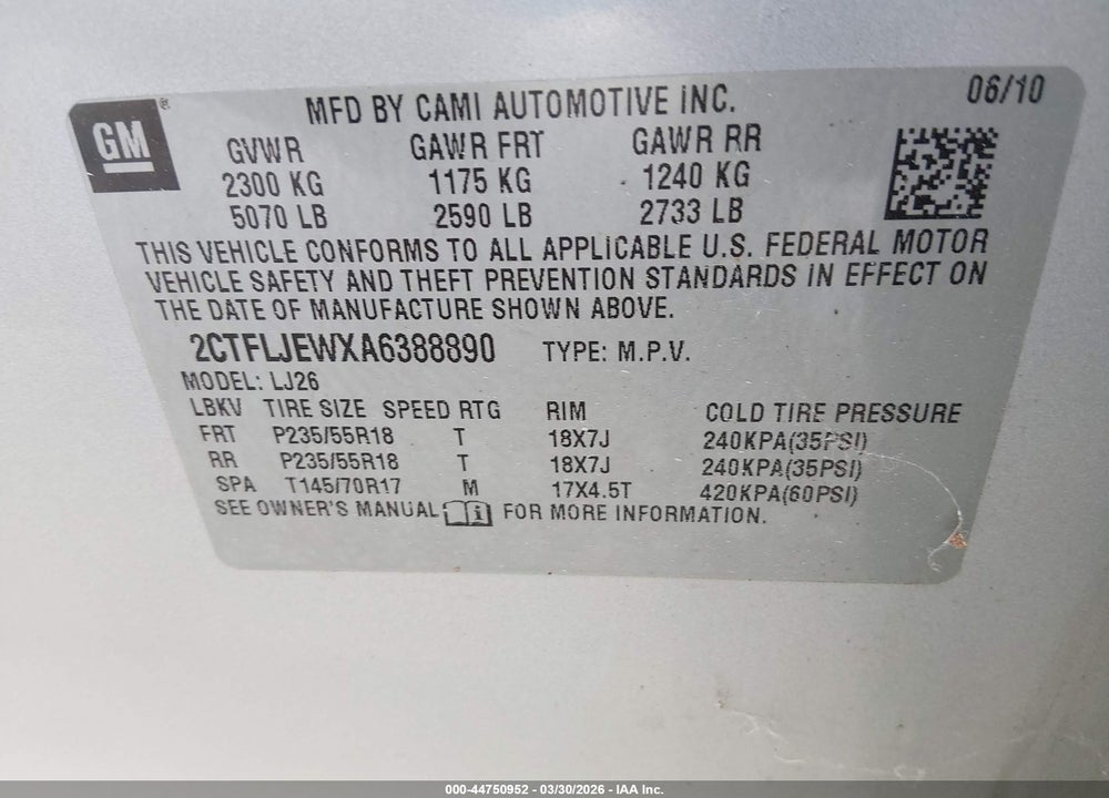 2010 GMC TERRAIN SLT-2 VIN: 2CTFLJEWXA6388890