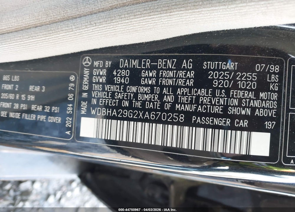 1999 MERCEDES-BENZ C 280 VIN: WDBHA29G2XA670258