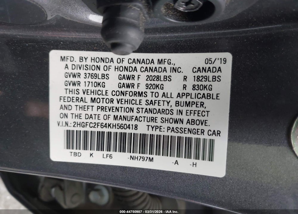 2019 HONDA CIVIC LX VIN: 2HGFC2F64KH560418