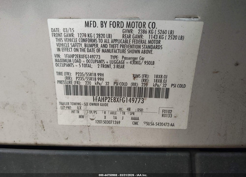 2015 FORD TAURUS SEL VIN: 1FAHP2E8XFG149773