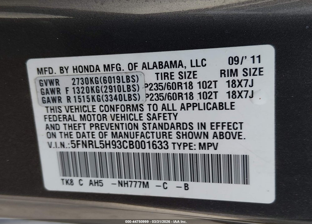 2012 HONDA ODYSSEY TOURING/TOURING ELITE VIN: 5FNRL5H93CB001633