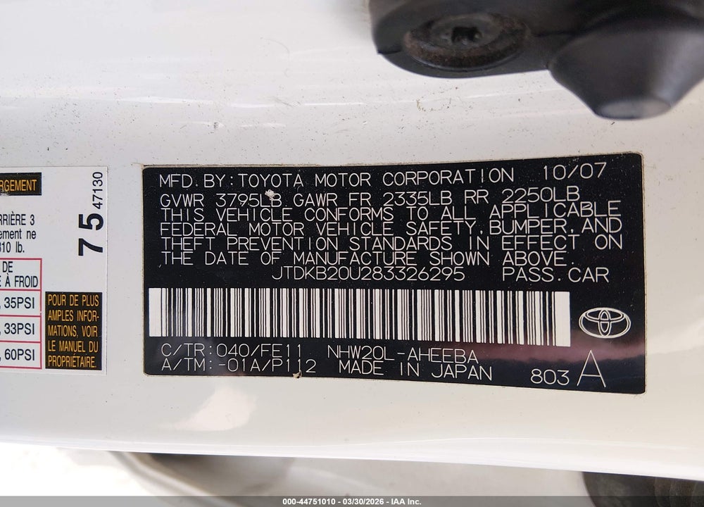 2008 TOYOTA PRIUS VIN: JTDKB20U283326295