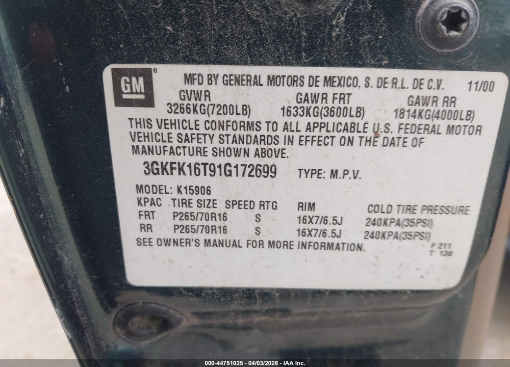 2001 GMC YUKON XL 1500 SLE VIN: 3GKFK16T91G172699