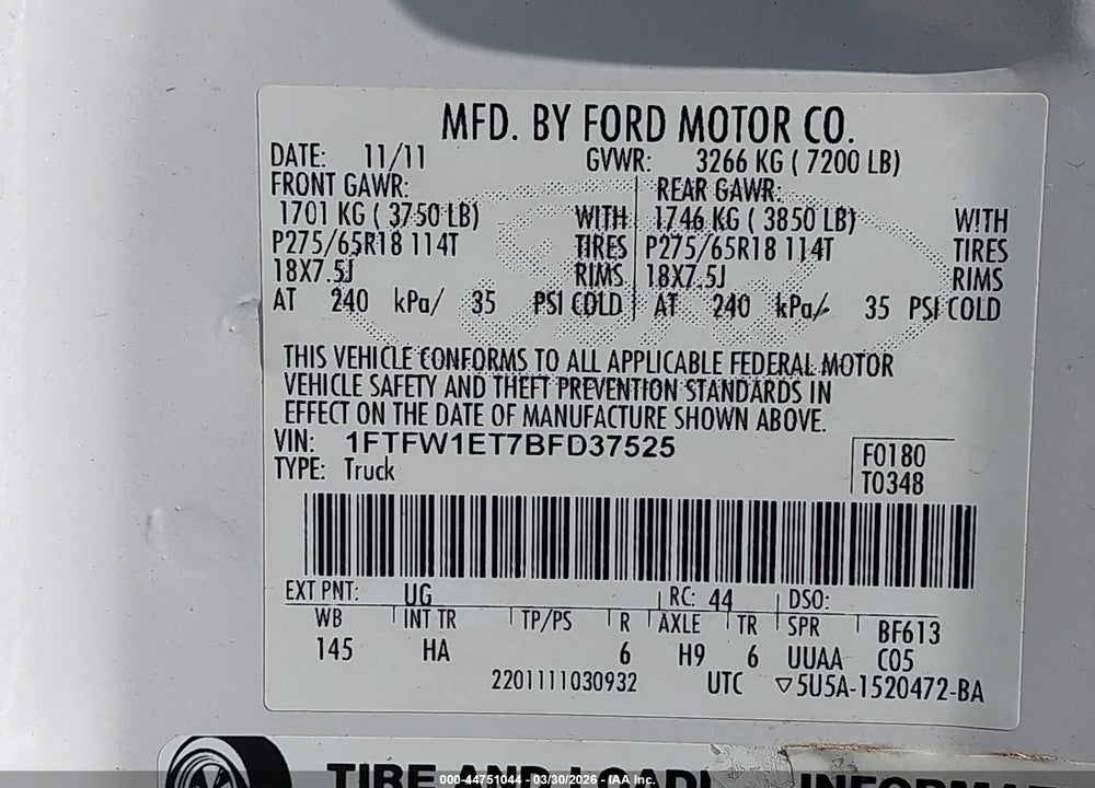 2011 FORD F150 SUPERCREW VIN: 1FTFW1ET7BFD37525