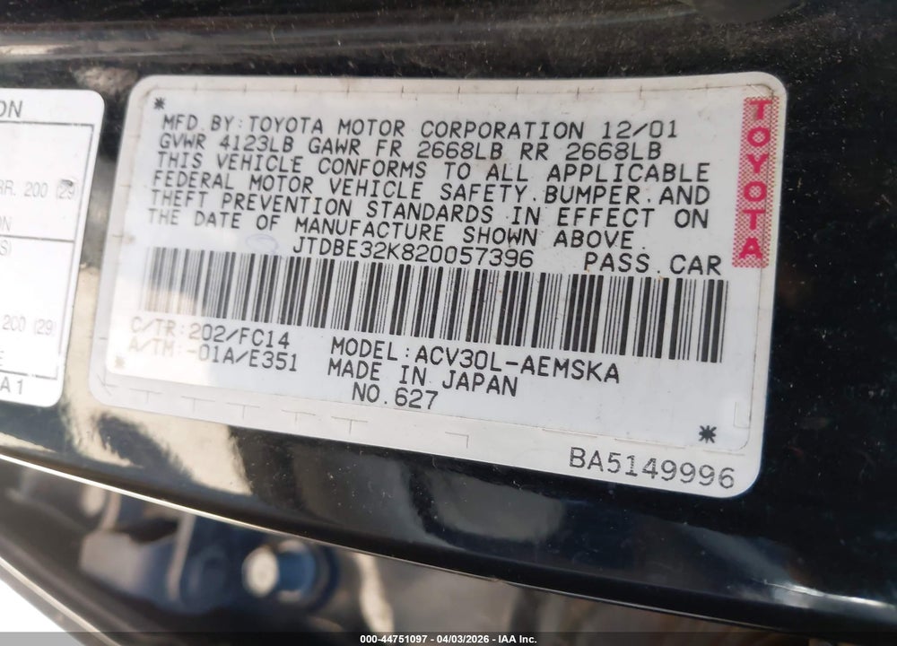 2002 TOYOTA CAMRY SE VIN: JTDBE32K820057396