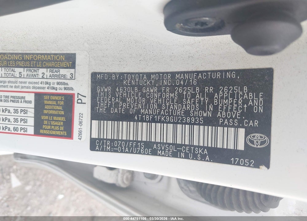 2016 TOYOTA CAMRY SE VIN: 4T1BF1FK9GU238935