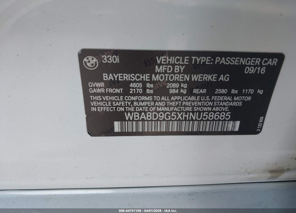 2017 BMW 330I XDRIVE VIN: WBA8D9G5XHNU58685