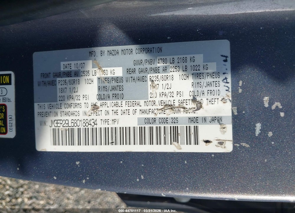 2008 MAZDA CX-7 SPORT VIN: JM3ER29L680188434