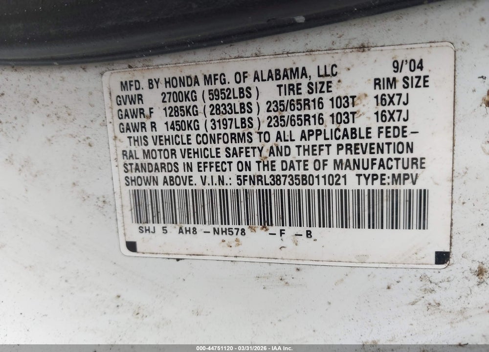 2005 HONDA ODYSSEY EX-L VIN: 5FNRL38735B011021