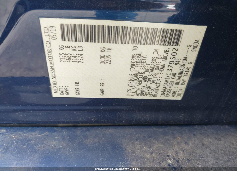 2019 NISSAN MAXIMA 3.5 PLATINUM VIN: 1N4AA6AV1KC379502