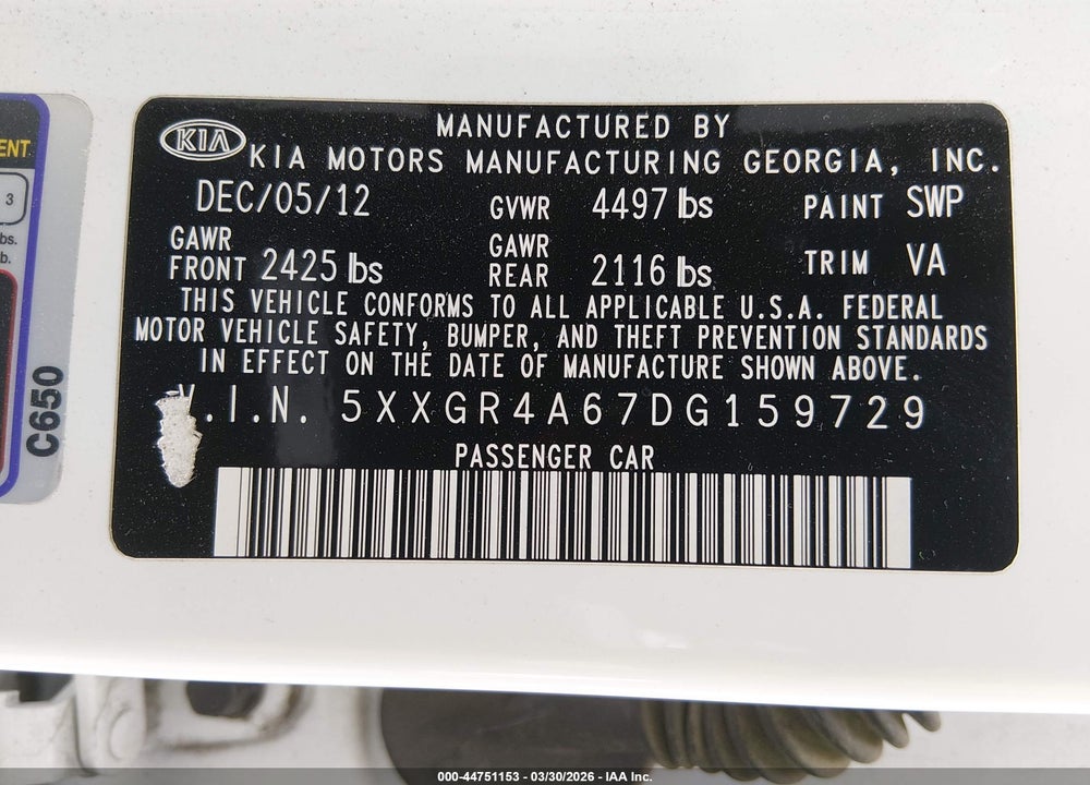 2013 KIA OPTIMA SX VIN: 5XXGR4A67DG159729