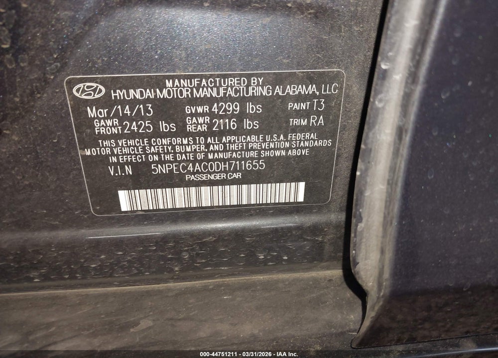2013 HYUNDAI SONATA SE VIN: 5NPEC4AC0DH711655