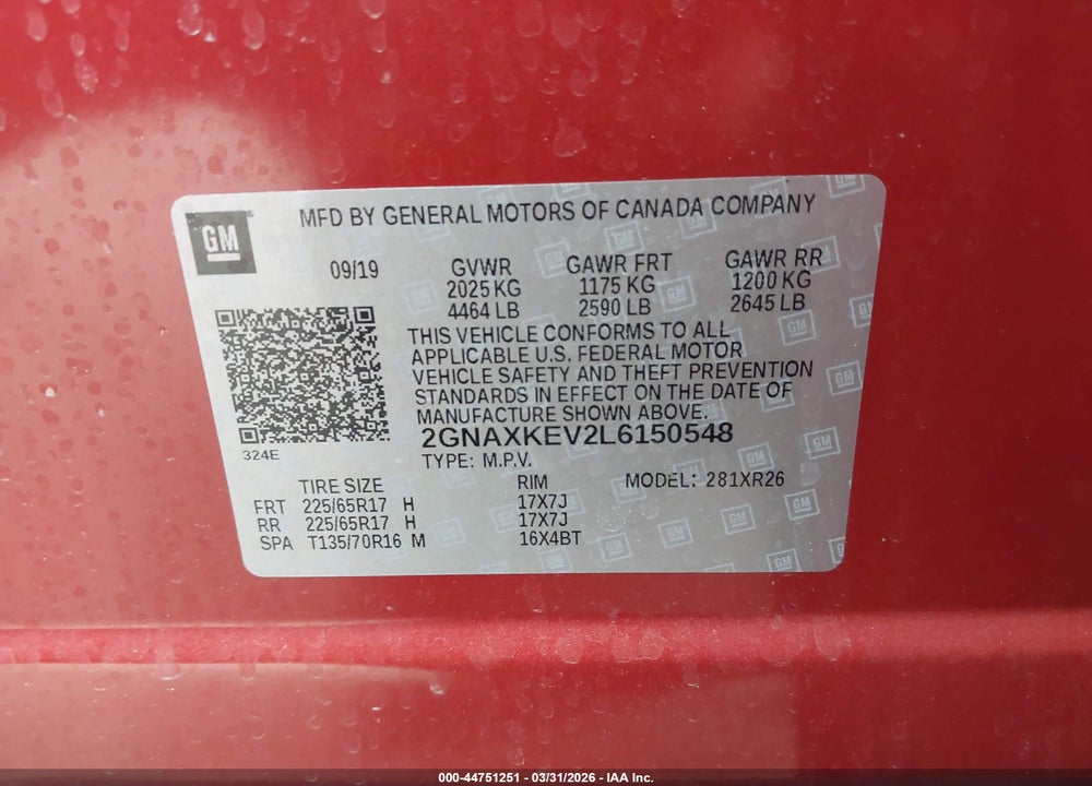 2020 CHEVROLET EQUINOX FWD LT 1.5L TURBO VIN: 2GNAXKEV2L6150548
