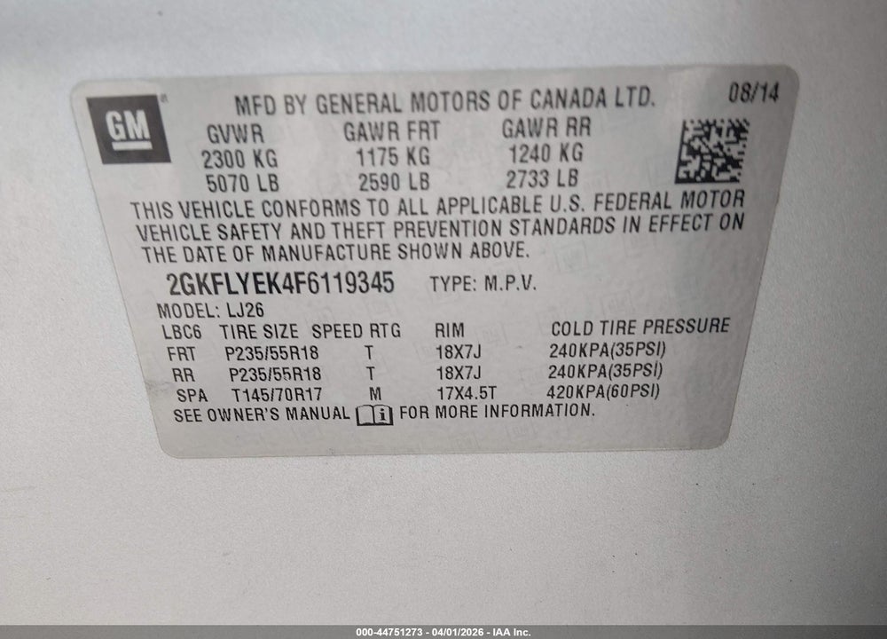 2015 GMC TERRAIN SLT-2 VIN: 2GKFLYEK4F6119345