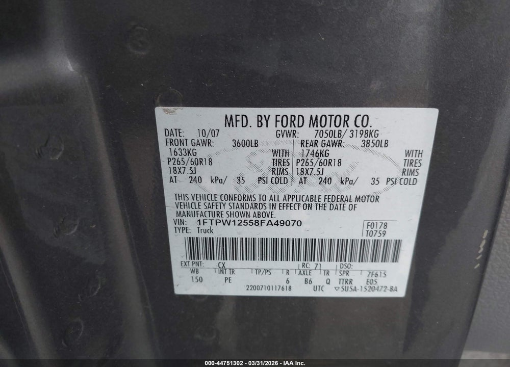 2008 FORD F-150 60TH ANNIVERSARY/FX2/KING RANCH/LARIAT/LIMITED/XLT VIN: 1FTPW12558FA49070