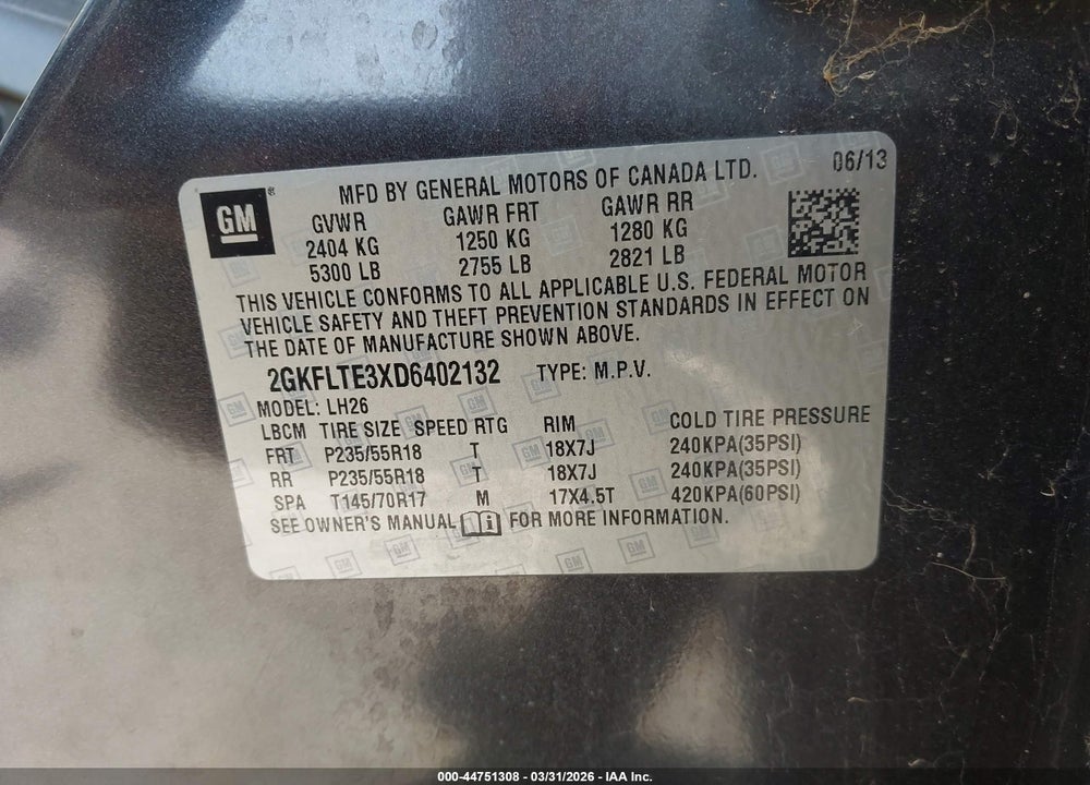 2013 GMC TERRAIN SLE-2 VIN: 2GKFLTE3XD6402132