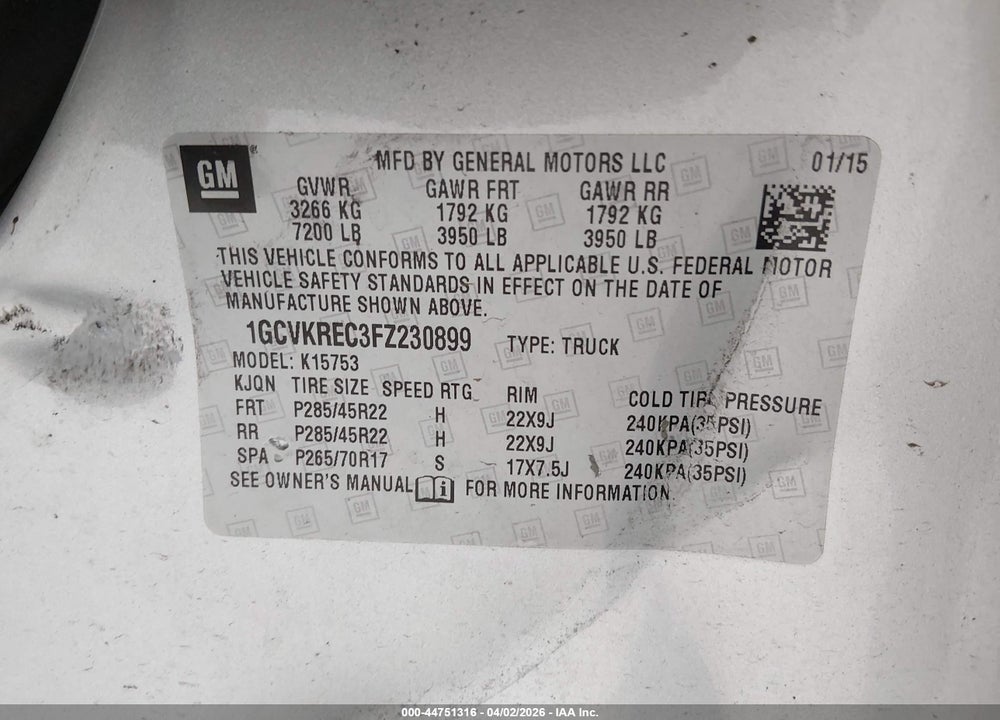 2015 CHEVROLET SILVERADO 1500 1LT VIN: 1GCVKREC3FZ230899