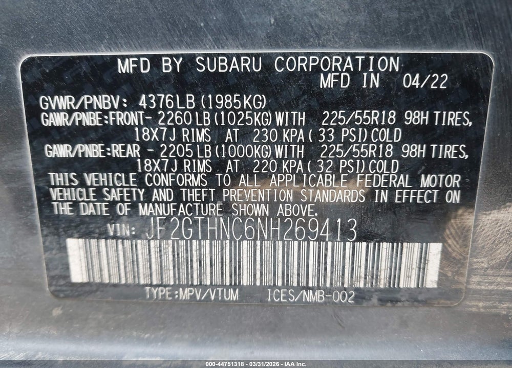 2022 SUBARU CROSSTREK LIMITED VIN: JF2GTHNC6NH269413