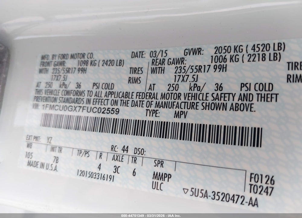 2015 FORD ESCAPE SE VIN: 1FMCU0GX7FUC02559