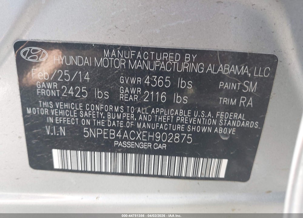 2014 HYUNDAI SONATA GLS VIN: 5NPEB4ACXEH902875
