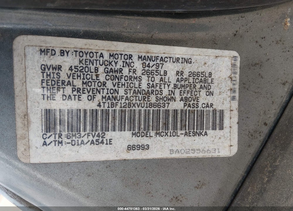 1997 TOYOTA AVALON XL VIN: 4T1BF12BXVU186637