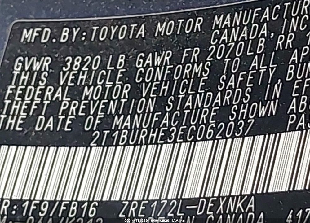 2014 TOYOTA COROLLA LE PLUS VIN: 2T1BURHE3EC062037