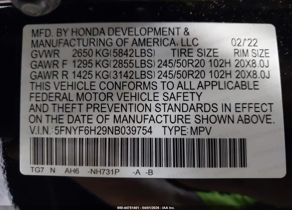 2022 HONDA PILOT AWD SPECIAL EDITION VIN: 5FNYF6H29NB039754