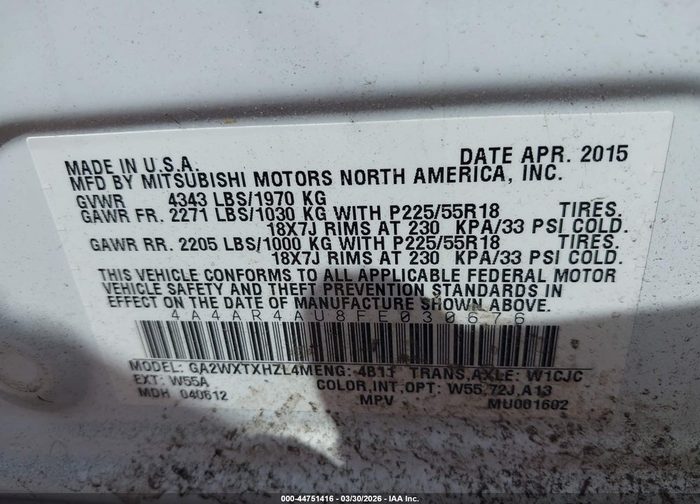 2015 MITSUBISHI OUTLANDER SPORT SE VIN: 4A4AR4AU8FE030676
