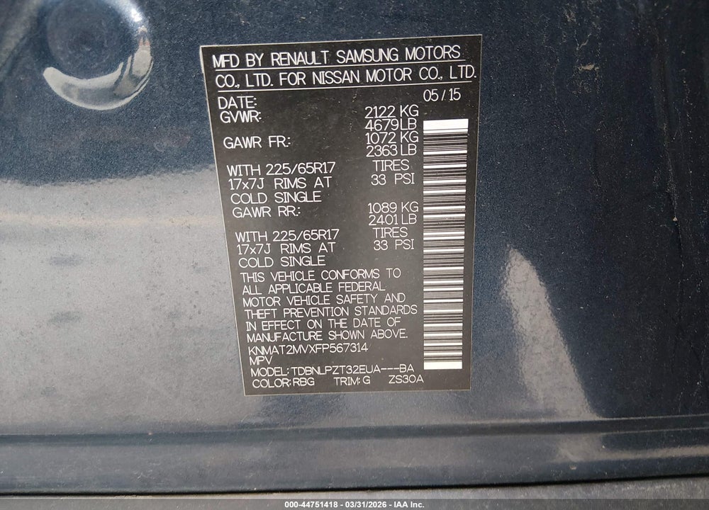 2015 NISSAN ROGUE S VIN: KNMAT2MVXFP567314
