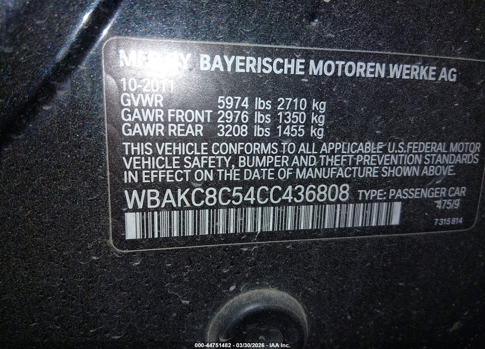 2012 BMW 750 LXI VIN: WBAKC8C54CC436808