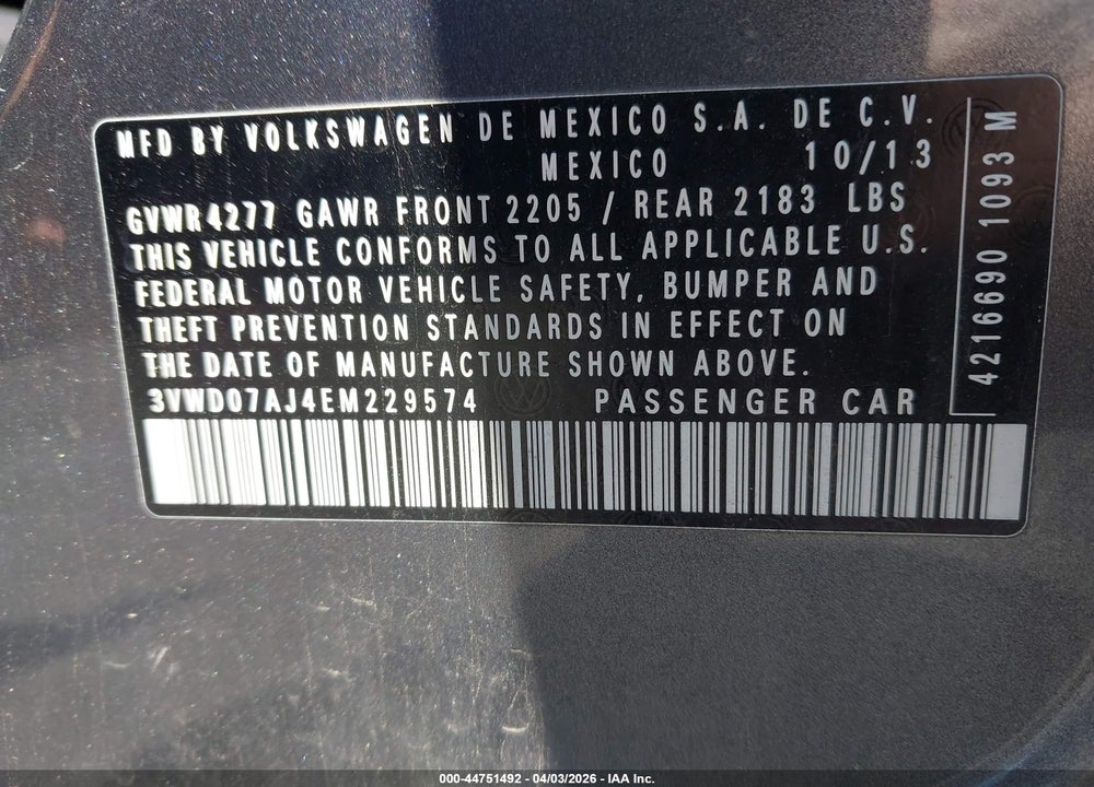 2014 VOLKSWAGEN JETTA 1.8T SE VIN: 3VWD07AJ4EM229574