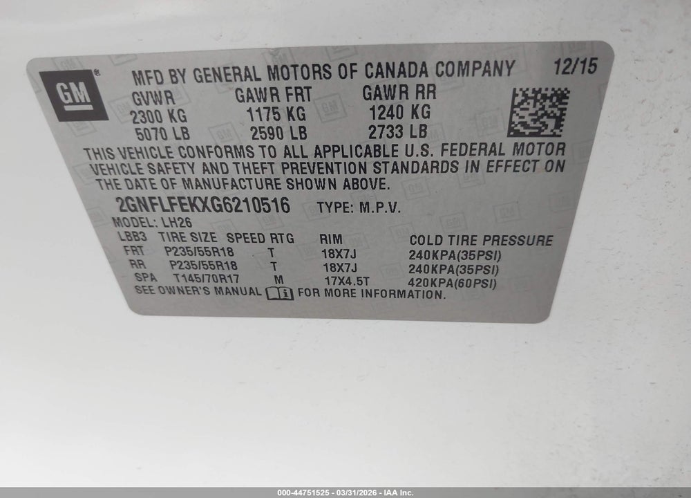 2016 CHEVROLET EQUINOX LT VIN: 2GNFLFEKXG6210516