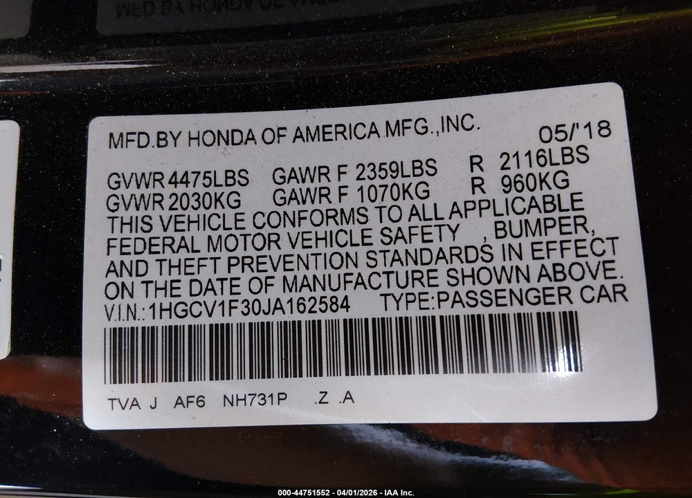2018 HONDA ACCORD SPORT VIN: 1HGCV1F30JA162584