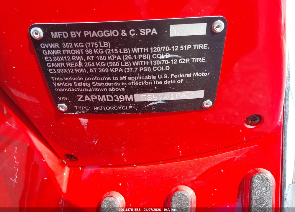 2025 VESPA GTS/SEI GIORNI 300 VIN: ZAPMD39M5S5201863