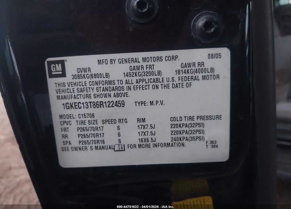 2006 GMC YUKON SLT VIN: 1GKEC13T86R122459