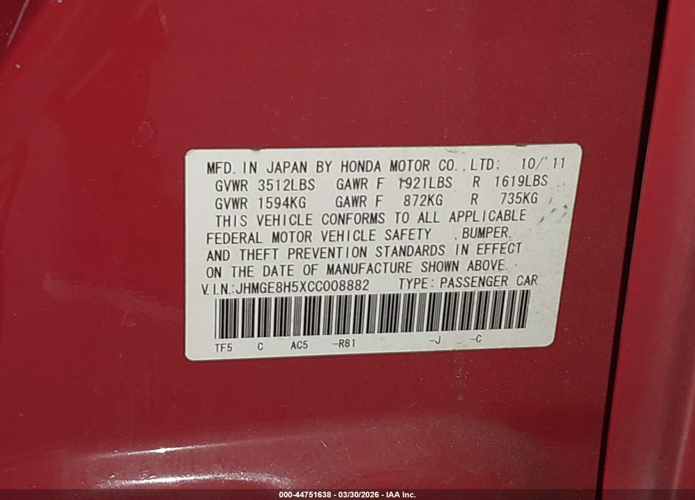 2012 HONDA FIT SPORT VIN: JHMGE8H5XCC008882