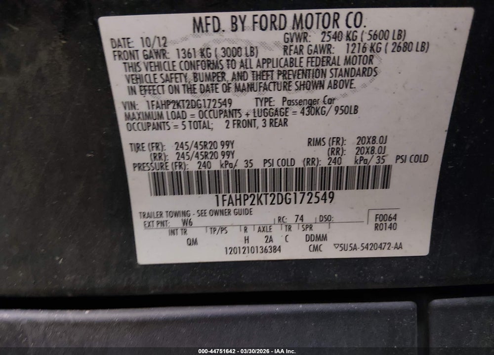 2013 FORD TAURUS SHO VIN: 1FAHP2KT2DG172549