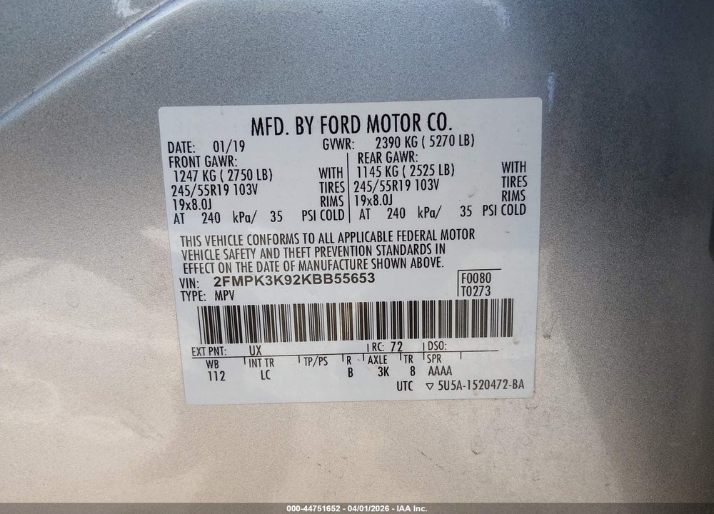 2019 FORD EDGE TITANIUM VIN: 2FMPK3K92KBB55653