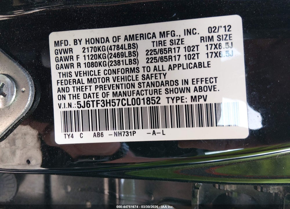 2012 HONDA CROSSTOUR 2.4 EX-L VIN: 5J6TF3H57CL001852