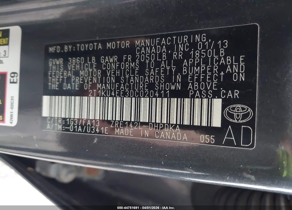 2013 TOYOTA MATRIX L VIN: 2T1KU4EE3DC020411