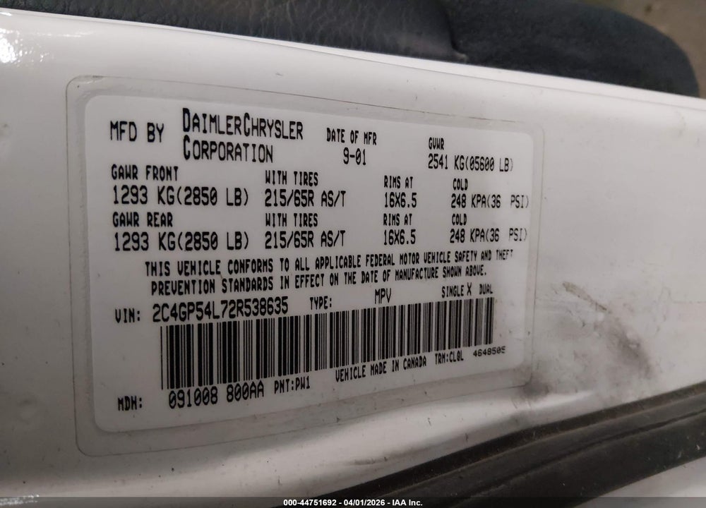 2002 CHRYSLER TOWN & COUNTRY LXI VIN: 2C4GP54L72R538635