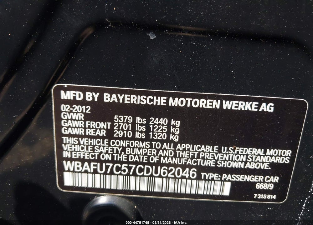 2012 BMW 535I XDRIVE VIN: WBAFU7C57CDU62046
