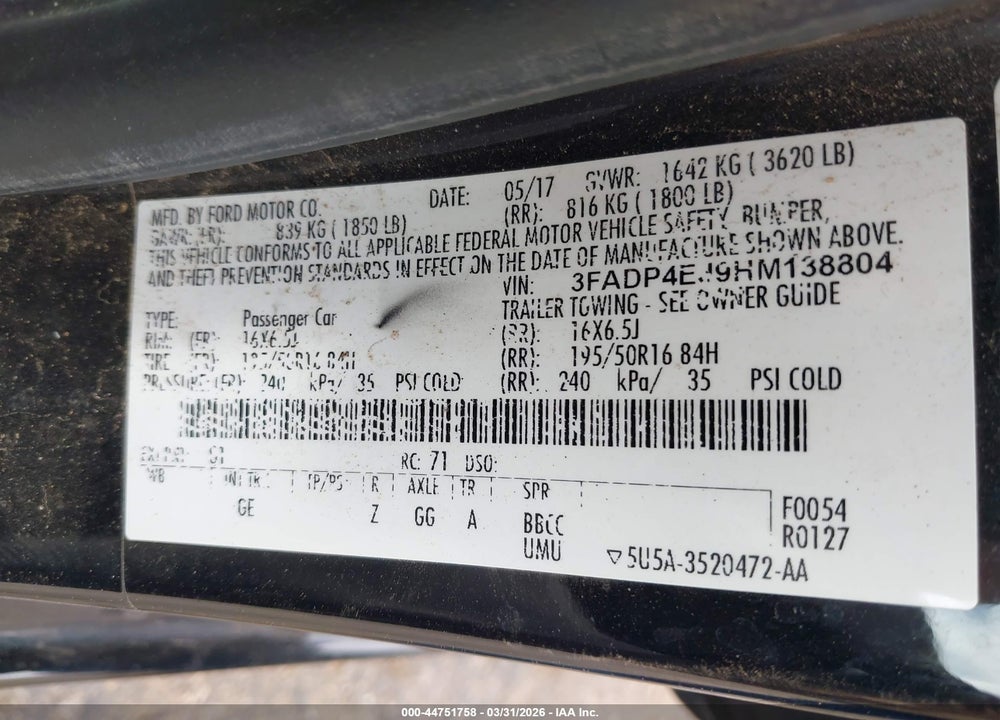2017 FORD FIESTA SE VIN: 3FADP4EJ9HM138804
