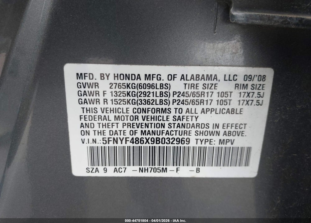 2009 HONDA PILOT EX-L VIN: 5FNYF486X9B032969