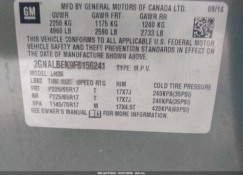 2015 CHEVROLET EQUINOX 1LT VIN: 2GNALBEK9F6156241